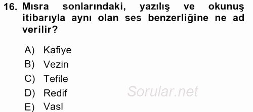 Türk İslam Edebiyatı 2015 - 2016 Ara Sınavı 16.Soru