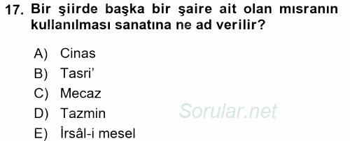 Türk İslam Edebiyatı 2015 - 2016 Ara Sınavı 17.Soru