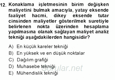 Konaklama İşletmelerinde Muhasebe Uygulamaları 2014 - 2015 Dönem Sonu Sınavı 12.Soru