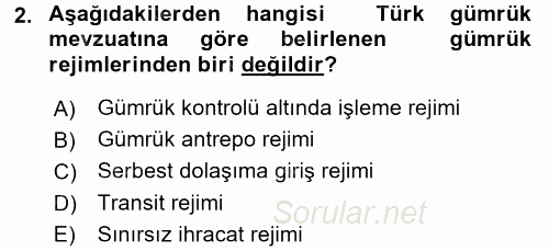 Gümrük Mevzuatı 2016 - 2017 Ara Sınavı 2.Soru