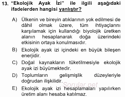 Enerji ve Çevre 2015 - 2016 Dönem Sonu Sınavı 13.Soru