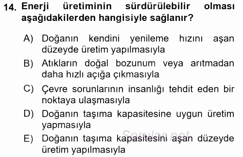 Enerji ve Çevre 2015 - 2016 Dönem Sonu Sınavı 14.Soru