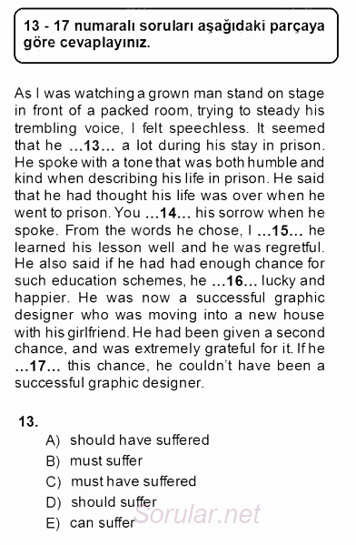 Bağlamsal Dilbilgisi 2 2013 - 2014 Dönem Sonu Sınavı 13.Soru