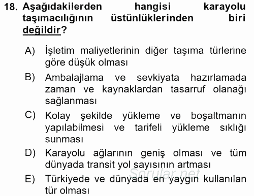Ulaştırma Sistemleri Ve Yönetimi 2016 - 2017 Ara Sınavı 18.Soru
