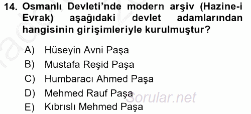 Osmanlı Yenileşme Hareketleri (1703-1876) 2016 - 2017 Ara Sınavı 14.Soru