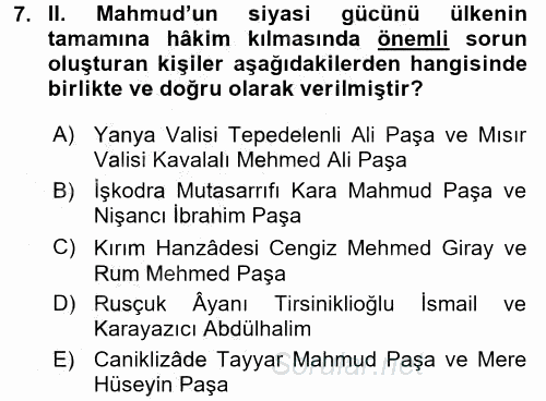 Osmanlı Yenileşme Hareketleri (1703-1876) 2016 - 2017 Ara Sınavı 7.Soru