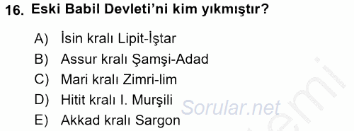 Eski Mezopotamya ve Mısır Tarihi 2016 - 2017 Ara Sınavı 16.Soru