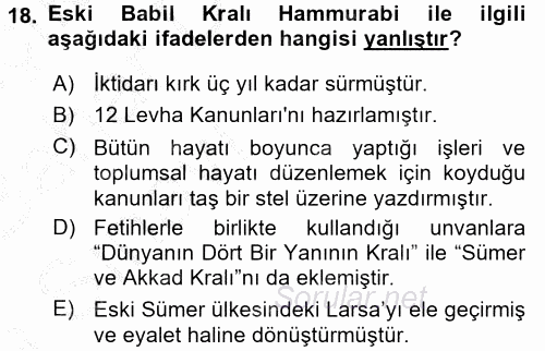 Eski Mezopotamya ve Mısır Tarihi 2016 - 2017 Ara Sınavı 18.Soru