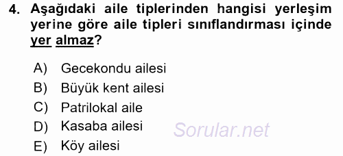 Aile Yapısı ve İlişkileri 2017 - 2018 3 Ders Sınavı 4.Soru