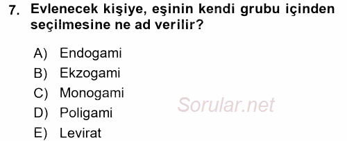 Aile Yapısı ve İlişkileri 2017 - 2018 3 Ders Sınavı 7.Soru