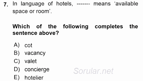 Turizm İçin 1ngilizce 1 2017 - 2018 Ara Sınavı 7.Soru