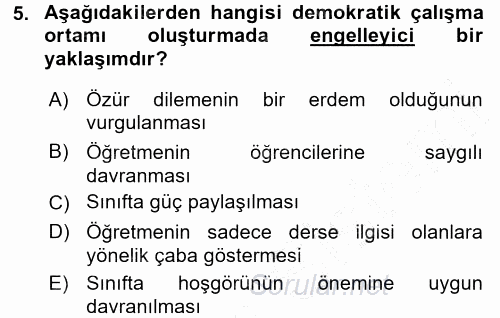 Sınıf Yönetimi 2015 - 2016 Dönem Sonu Sınavı 5.Soru