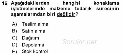 Konaklama İşletmelerinde Muhasebe Uygulamaları 2016 - 2017 Ara Sınavı 16.Soru