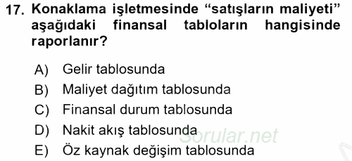 Konaklama İşletmelerinde Muhasebe Uygulamaları 2016 - 2017 Ara Sınavı 17.Soru