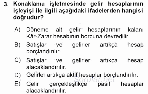 Konaklama İşletmelerinde Muhasebe Uygulamaları 2016 - 2017 Ara Sınavı 3.Soru