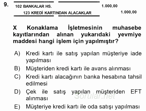 Konaklama İşletmelerinde Muhasebe Uygulamaları 2016 - 2017 Ara Sınavı 9.Soru