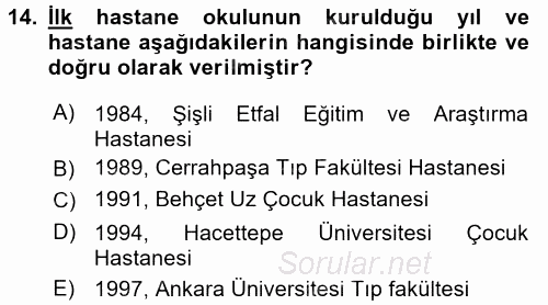 Hasta Çocukların Gelişimi Ve Eğitimi 2017 - 2018 Dönem Sonu Sınavı 14.Soru
