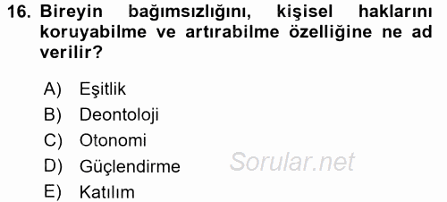 Hasta Çocukların Gelişimi Ve Eğitimi 2017 - 2018 Dönem Sonu Sınavı 16.Soru