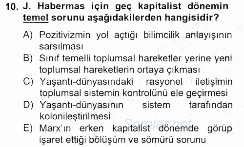 Sosyolojide Yakın Dönem Gelişmeler 2012 - 2013 Ara Sınavı 10.Soru