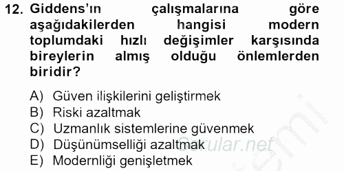 Sosyolojide Yakın Dönem Gelişmeler 2012 - 2013 Ara Sınavı 12.Soru