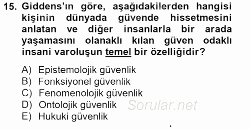Sosyolojide Yakın Dönem Gelişmeler 2012 - 2013 Ara Sınavı 15.Soru