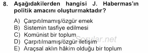 Sosyolojide Yakın Dönem Gelişmeler 2012 - 2013 Ara Sınavı 8.Soru