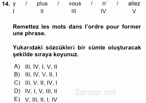 Fransızca 1 2017 - 2018 3 Ders Sınavı 14.Soru