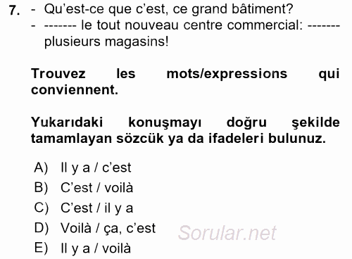 Fransızca 1 2017 - 2018 3 Ders Sınavı 7.Soru