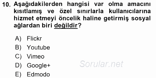 Temel Bilgi Teknolojileri 2 2015 - 2016 Dönem Sonu Sınavı 10.Soru