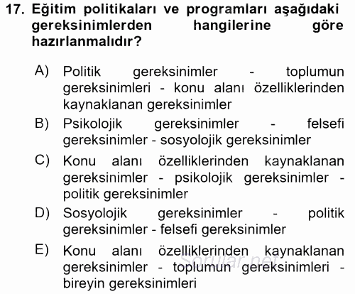 Eğitim Bilimine Giriş 2016 - 2017 Ara Sınavı 17.Soru