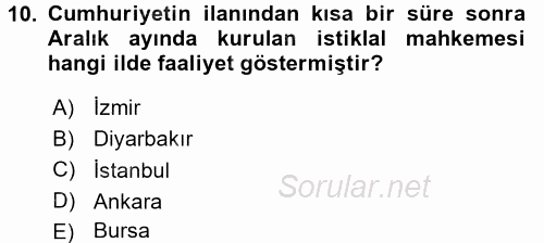 Türkiye Cumhuriyeti Siyasî Tarihi 2015 - 2016 Ara Sınavı 10.Soru