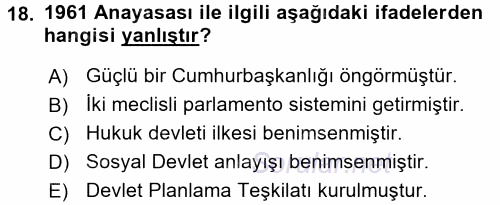 Türkiye Cumhuriyeti Siyasî Tarihi 2015 - 2016 Ara Sınavı 18.Soru