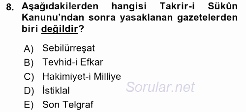 Türkiye Cumhuriyeti Siyasî Tarihi 2015 - 2016 Ara Sınavı 8.Soru