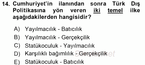 Atatürk İlkeleri Ve İnkılap Tarihi 2 2015 - 2016 Tek Ders Sınavı 14.Soru