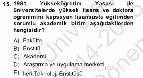 Türk Eğitim Tarihi 2014 - 2015 Dönem Sonu Sınavı 15.Soru