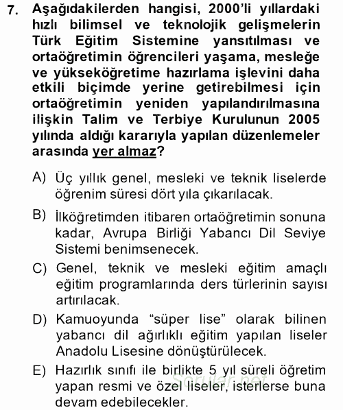 Türk Eğitim Tarihi 2014 - 2015 Dönem Sonu Sınavı 7.Soru