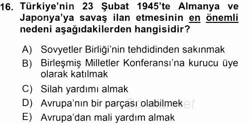 Türk Dış Politikası 1 2015 - 2016 Ara Sınavı 16.Soru