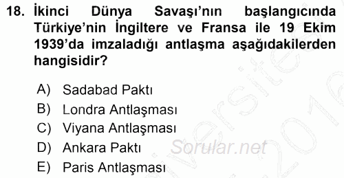 Türk Dış Politikası 1 2015 - 2016 Ara Sınavı 18.Soru