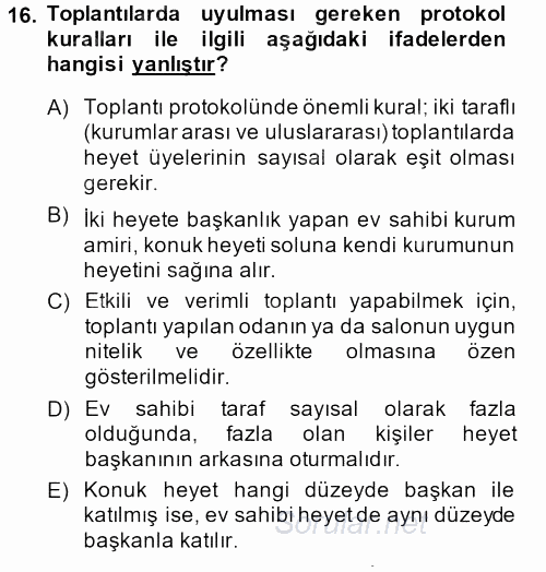 Sosyal Davranış ve Protokol 2013 - 2014 Dönem Sonu Sınavı 16.Soru
