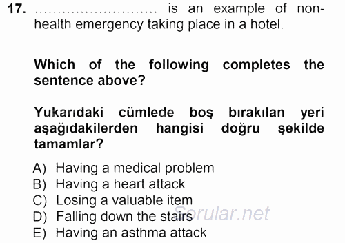 Turizm İçin 1ngilizce 1 2013 - 2014 Tek Ders Sınavı 17.Soru