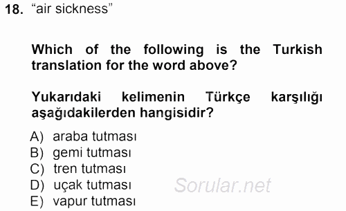 Turizm İçin 1ngilizce 1 2013 - 2014 Tek Ders Sınavı 18.Soru
