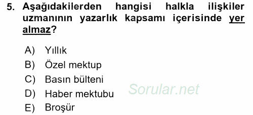 Halkla İlişkiler Yazarlığı 2016 - 2017 3 Ders Sınavı 5.Soru