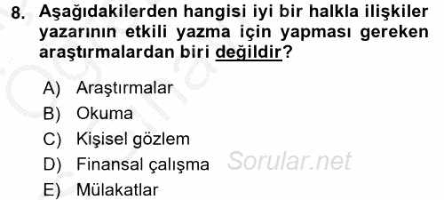 Halkla İlişkiler Yazarlığı 2016 - 2017 3 Ders Sınavı 8.Soru