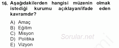 Müzecilik ve Sergileme 2012 - 2013 Dönem Sonu Sınavı 16.Soru