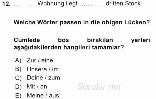 Almanca 1 2015 - 2016 Tek Ders Sınavı 12.Soru