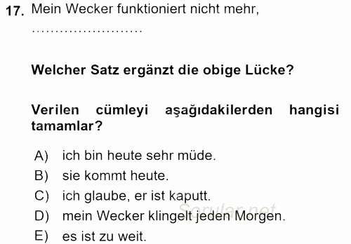 Almanca 1 2015 - 2016 Tek Ders Sınavı 17.Soru