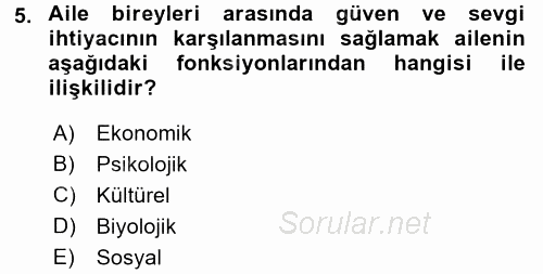 Toplumsal Yaşamda Aile 2017 - 2018 3 Ders Sınavı 5.Soru