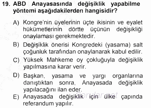Karşılaştırmalı Siyasal Sistemler 2012 - 2013 Ara Sınavı 19.Soru