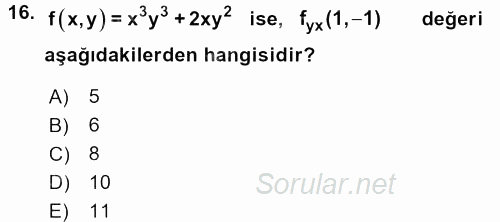 Matematik 1 2015 - 2016 Tek Ders Sınavı 16.Soru