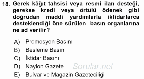 Türk Basın Tarihi 2017 - 2018 Dönem Sonu Sınavı 18.Soru